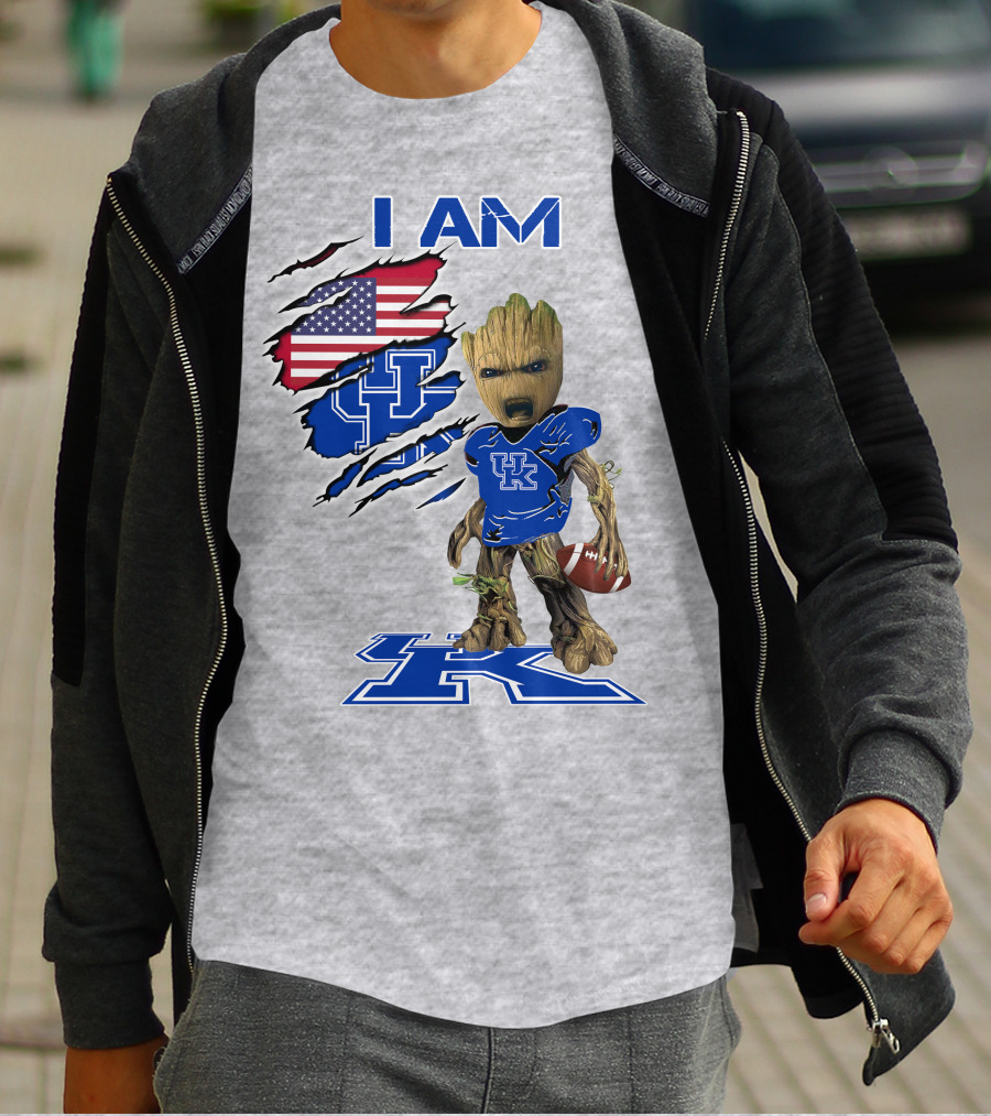 I AM Kentucky Baby Groot Football UK Logo American Flag T-Shirt