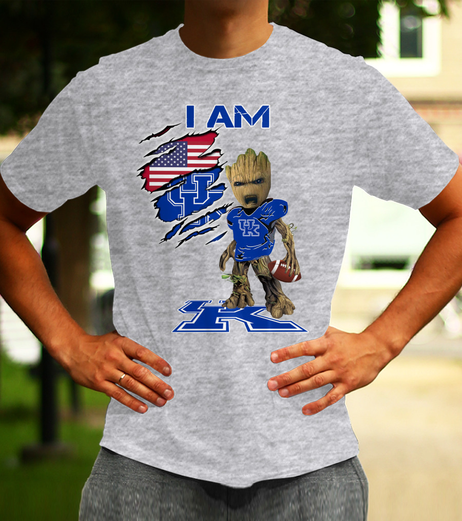 I AM Kentucky Baby Groot Football UK Logo American Flag T-Shirt