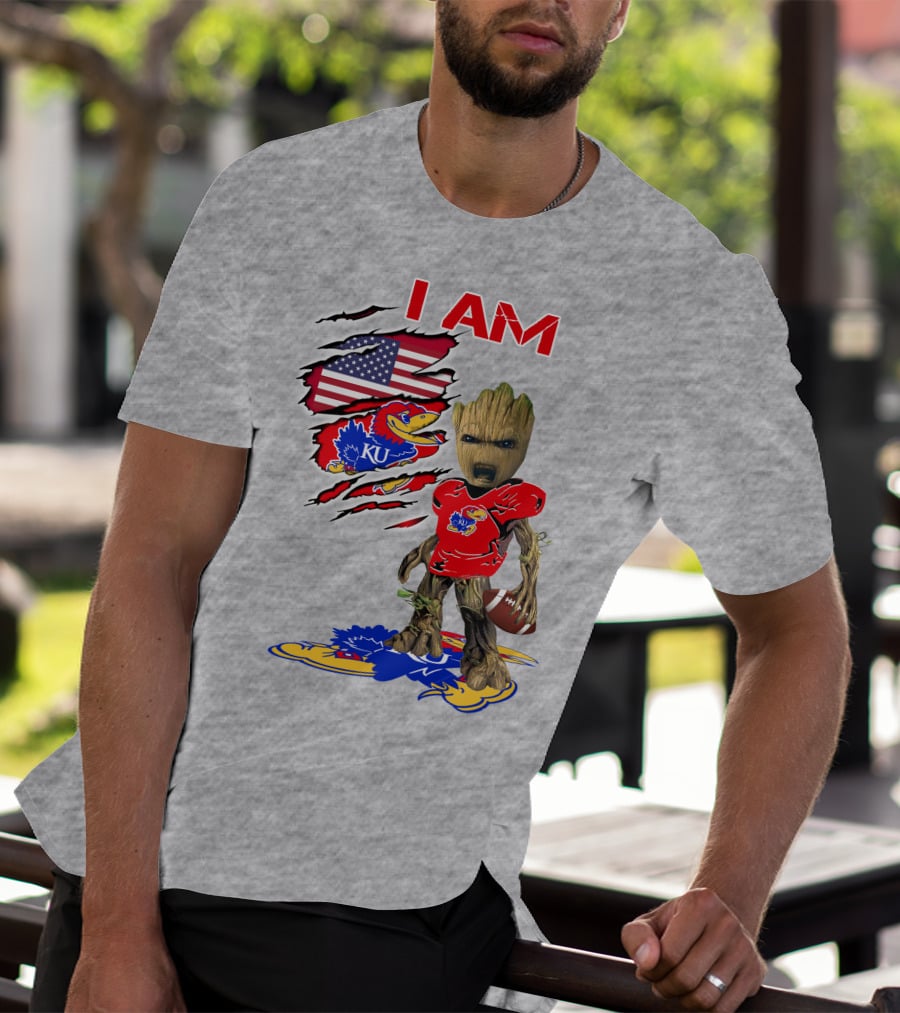 I AM KU Baby Groot Kansas Jayhawks Football Patriotic American Flag T-Shirt