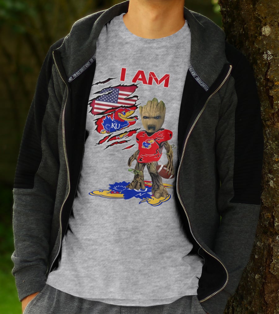 I AM KU Baby Groot Kansas Jayhawks Football Patriotic American Flag T-Shirt