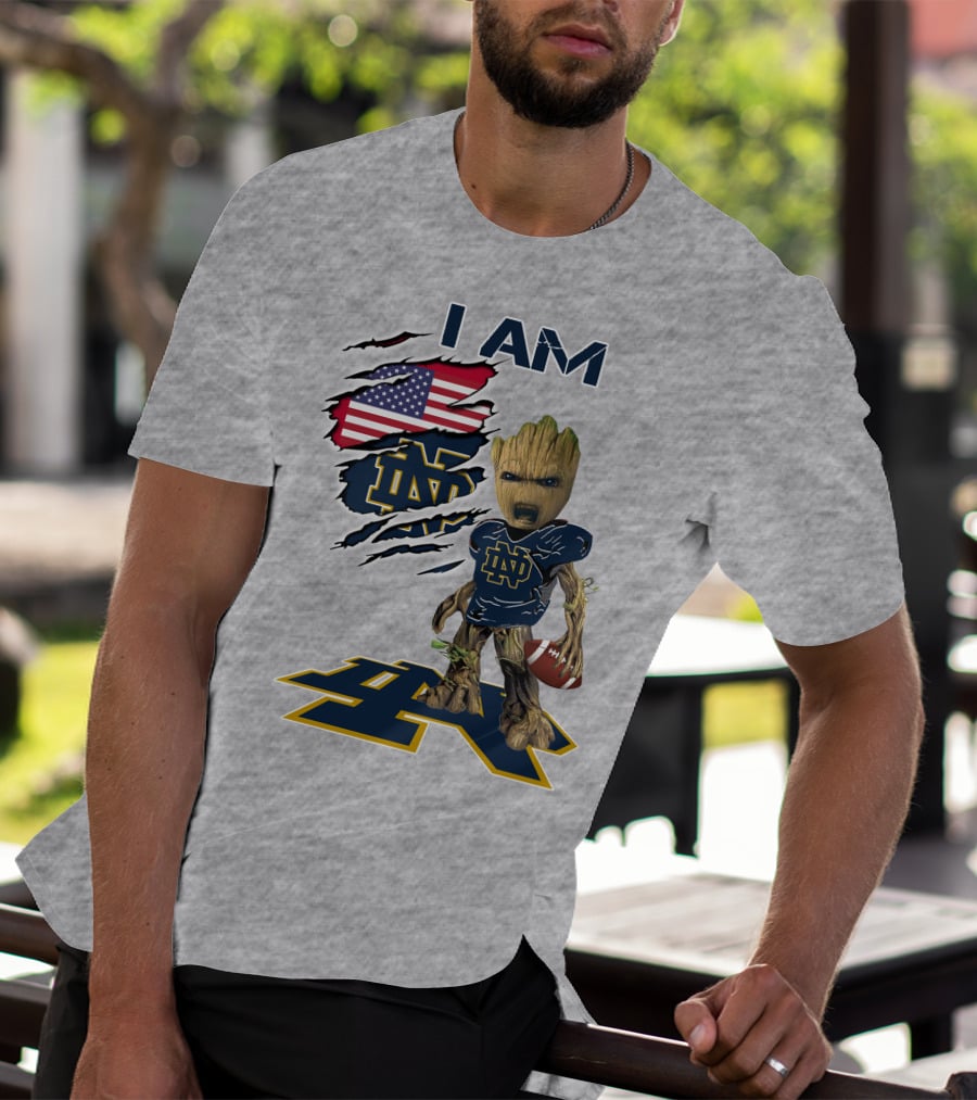 I Am Notre Dame Baby Groot American Flag Football T-Shirt