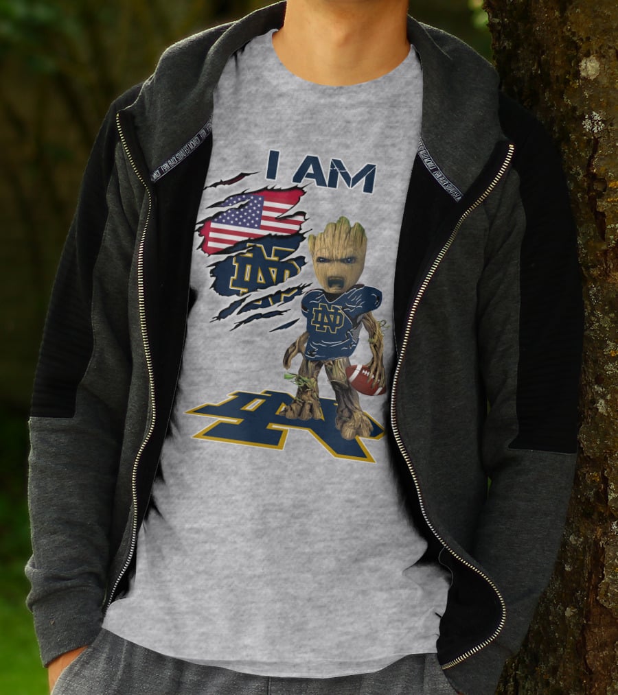I Am Notre Dame Baby Groot American Flag Football T-Shirt