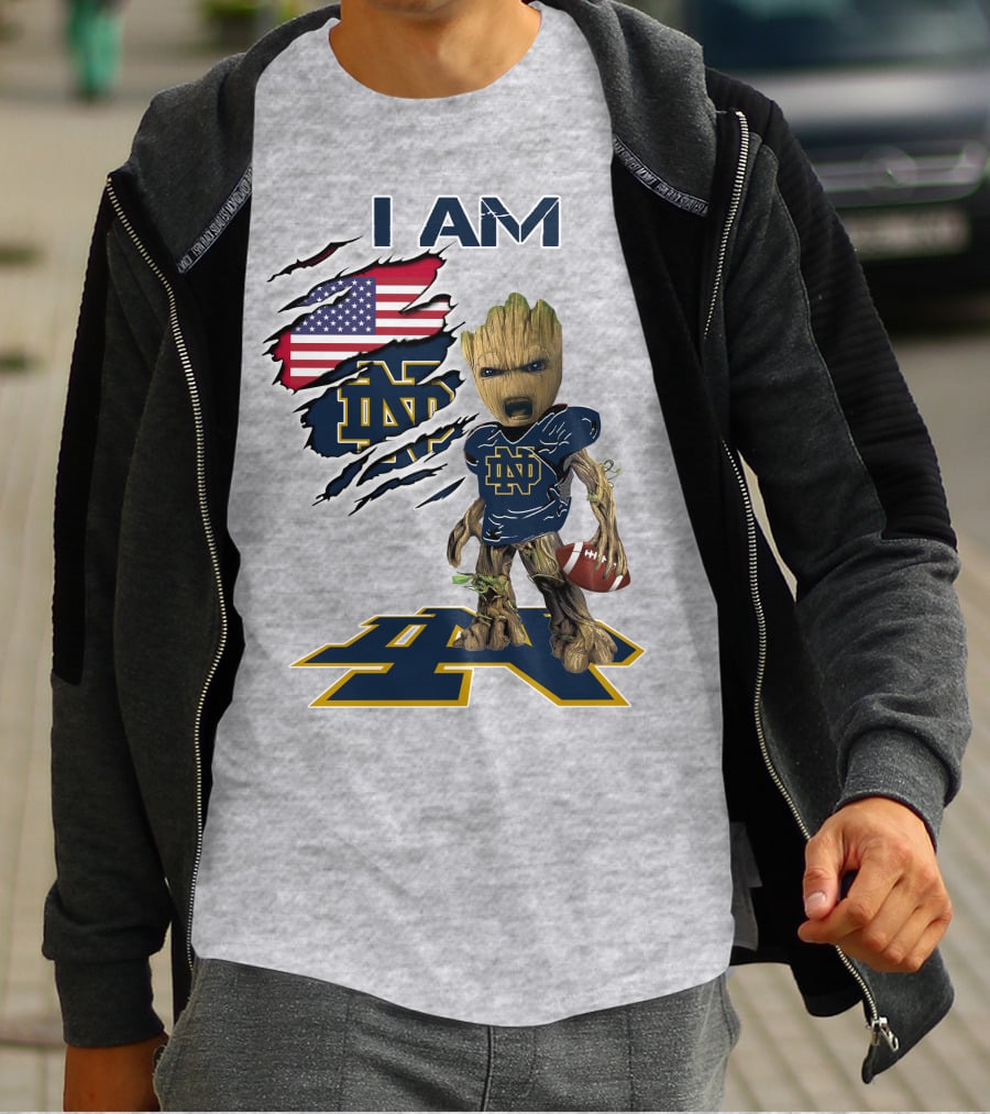 I Am Notre Dame Baby Groot American Flag Football T-Shirt