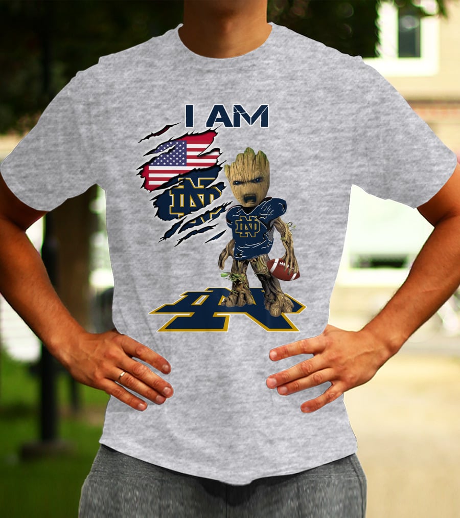 I Am Notre Dame Baby Groot American Flag Football T-Shirt