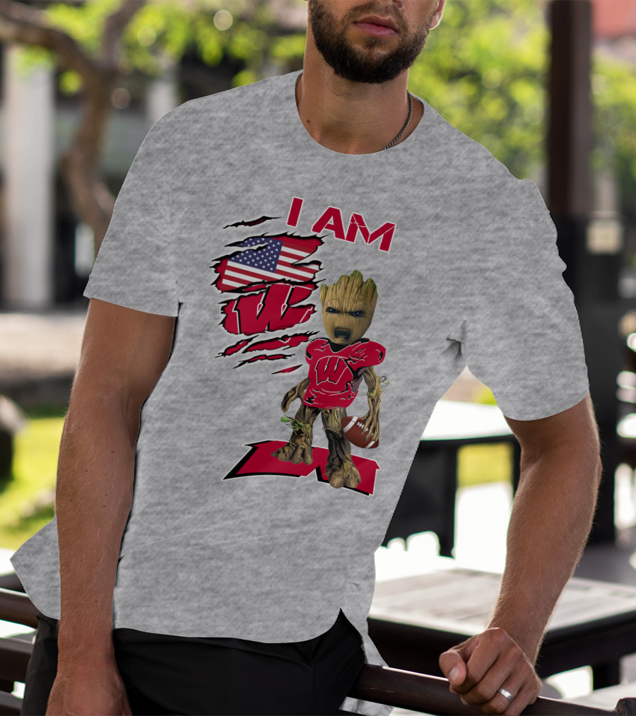I Am Wisconsin Baby Groot Football W Logo American Flag T-Shirt