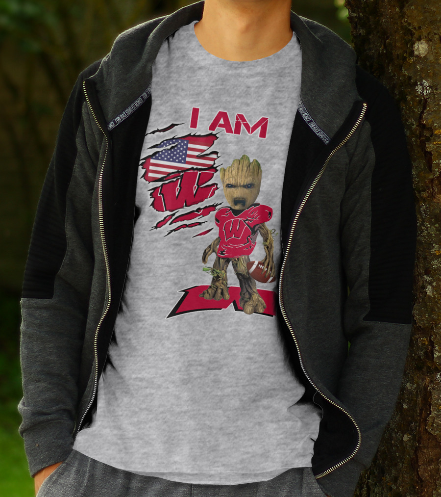 I Am Wisconsin Baby Groot Football W Logo American Flag T-Shirt