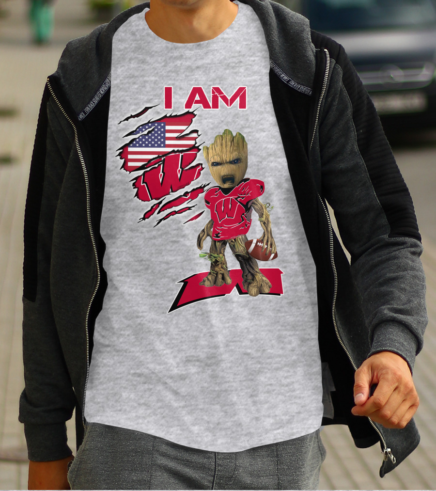 I Am Wisconsin Baby Groot Football W Logo American Flag T-Shirt