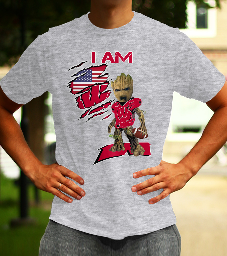 I Am Wisconsin Baby Groot Football W Logo American Flag T-Shirt