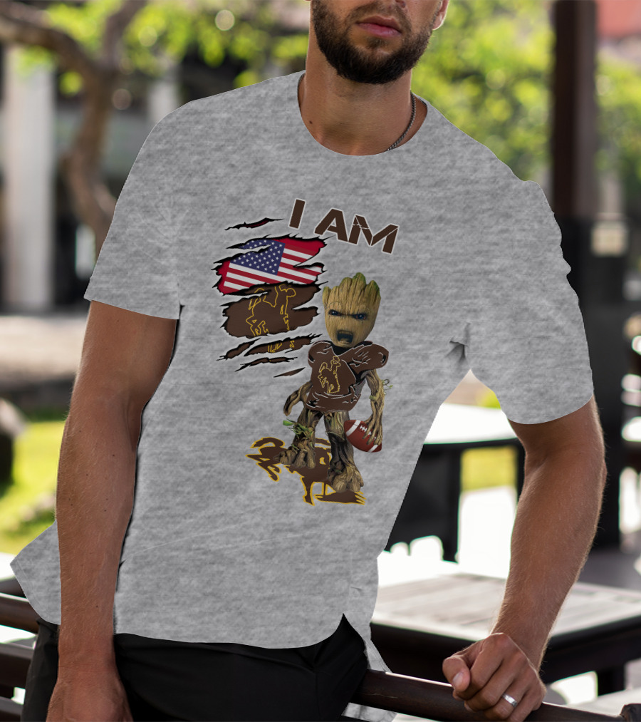 I AM Wyoming Baby Groot Football American Flag Cowboy T-Shirt