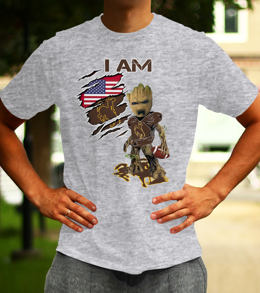 I AM Wyoming Baby Groot Football American Flag Cowboy T-Shirt