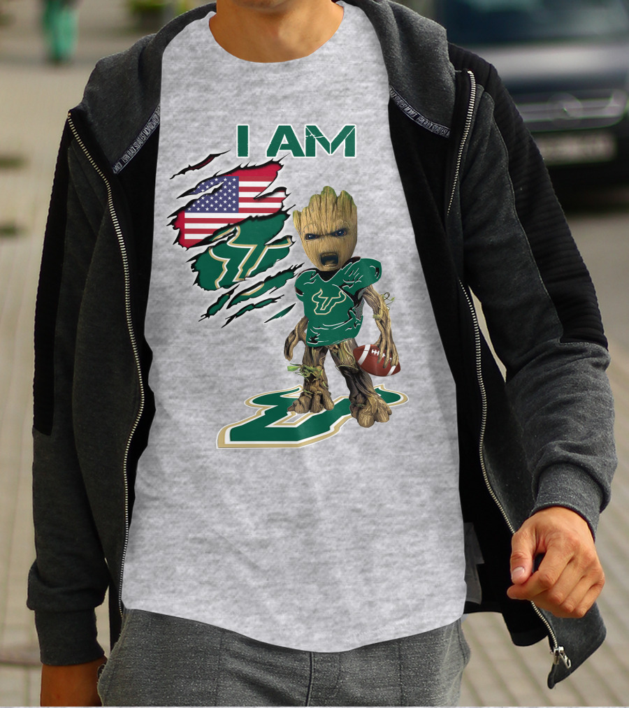 I AM USF Baby Groot Football American Flag T-Shirt