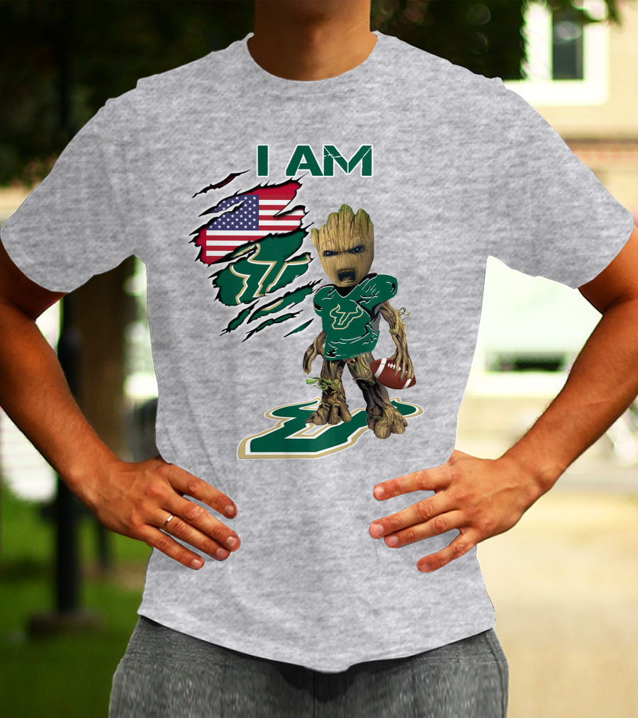 I AM USF Baby Groot Football American Flag T-Shirt