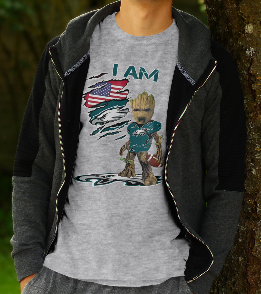 I Am Eagles Baby Groot Football American Flag T-Shirt