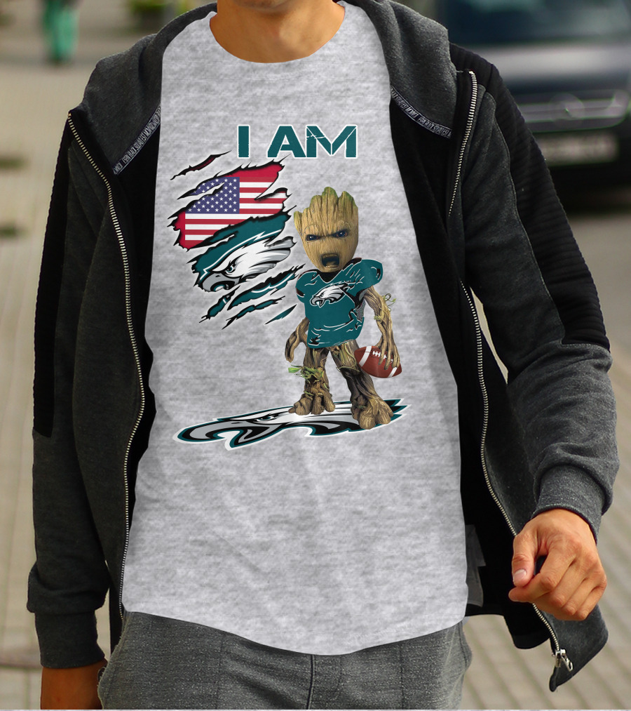 I Am Eagles Baby Groot Football American Flag T-Shirt
