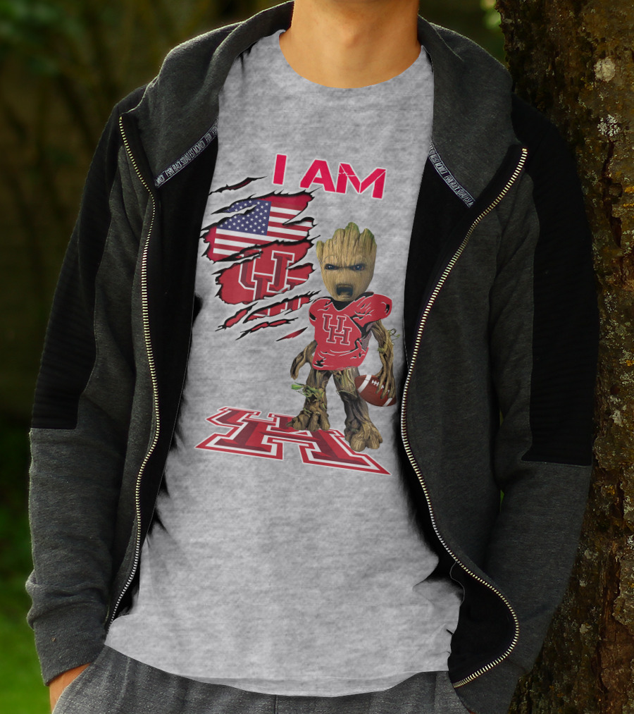 I AM Houtons Baby Groot UH Football American Flag Background T-Shirt