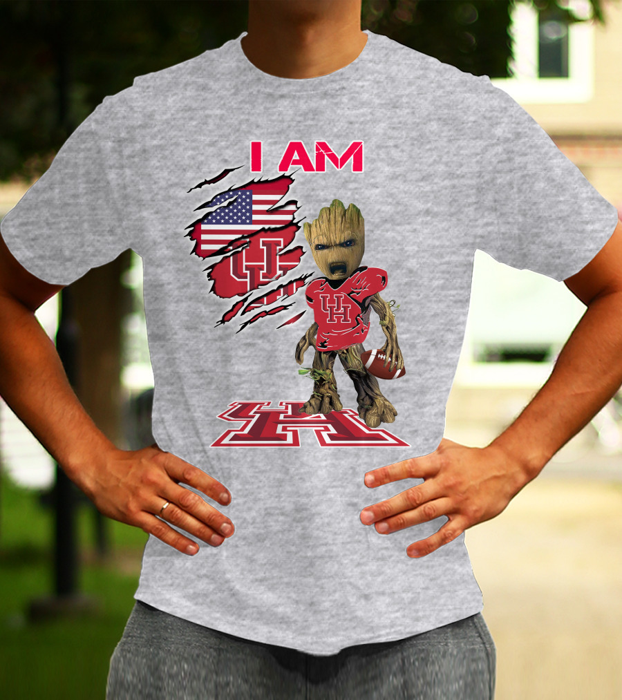 I AM Houtons Baby Groot UH Football American Flag Background T-Shirt