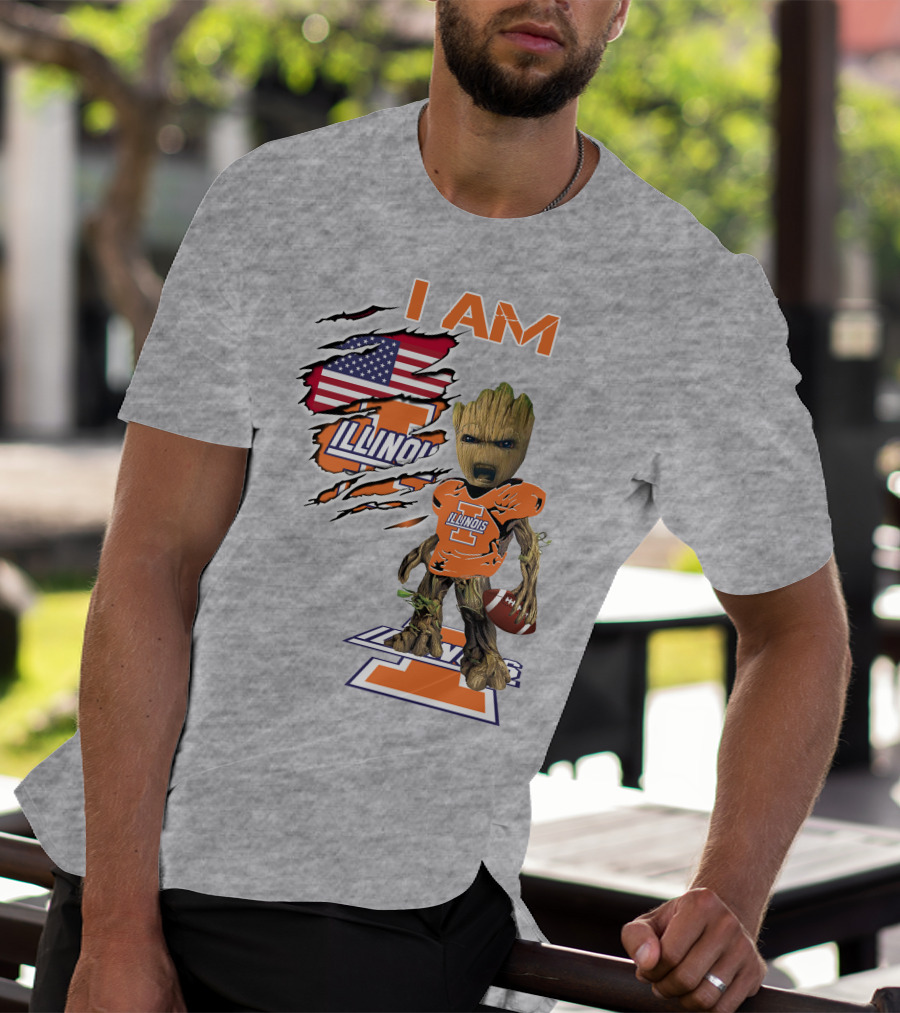 I AM Illinois Baby Groot Football American Flag T-Shirt