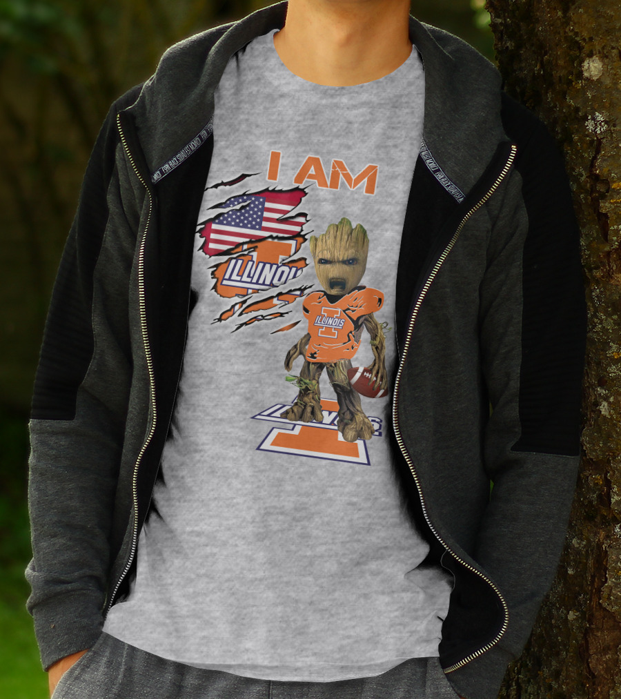 I AM Illinois Baby Groot Football American Flag T-Shirt