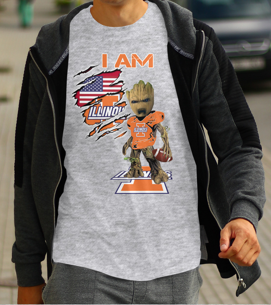 I AM Illinois Baby Groot Football American Flag T-Shirt