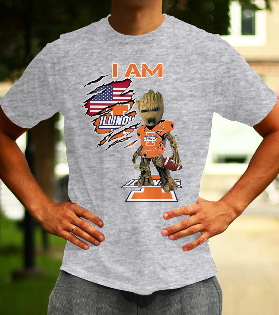 I AM Illinois Baby Groot Football American Flag T-Shirt