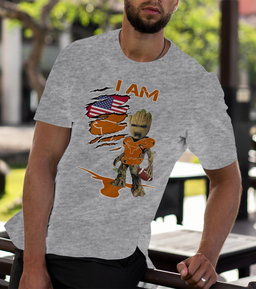 I AM Longhorn Baby Groot Football USA Flag T-Shirt