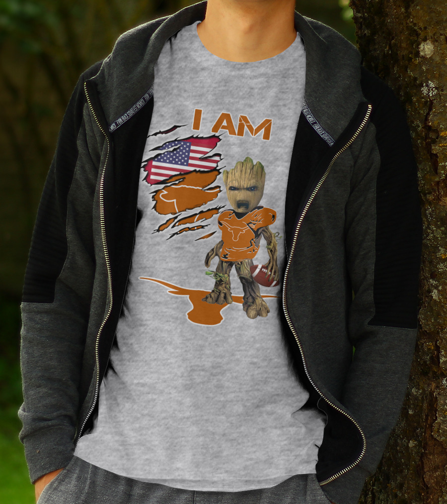 I AM Longhorn Baby Groot Football USA Flag T-Shirt