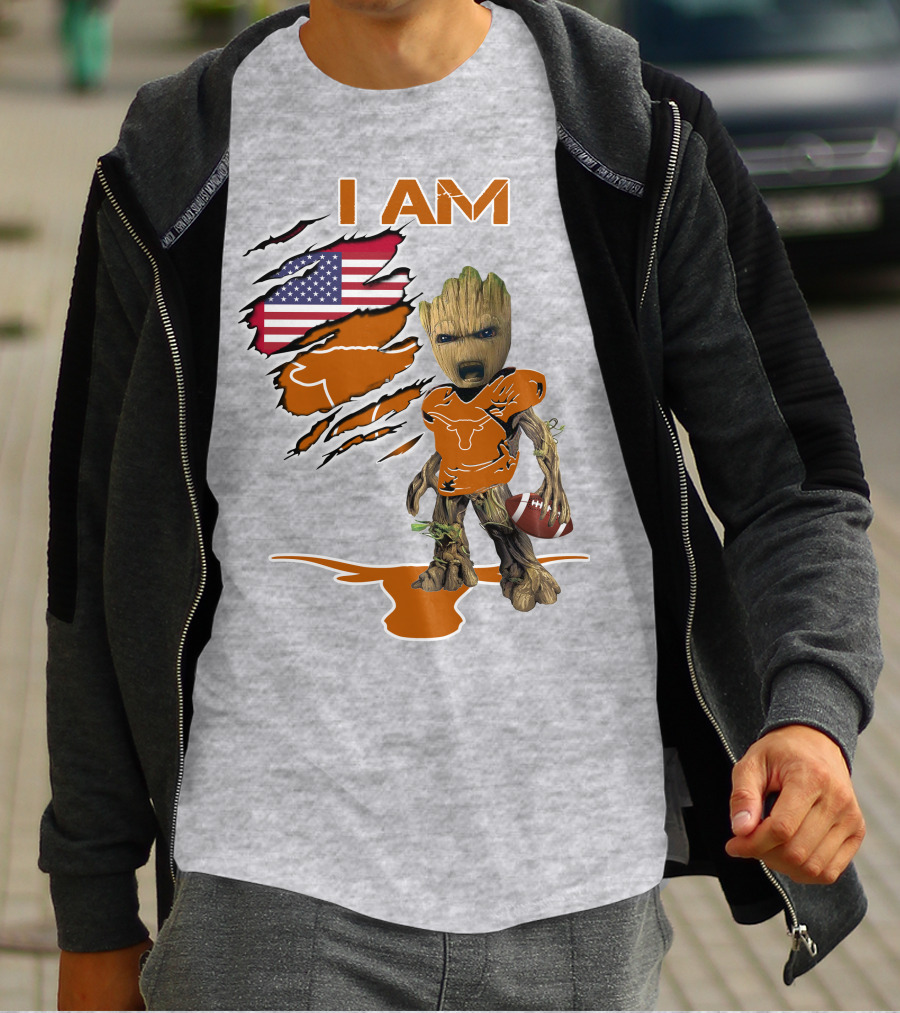 I AM Longhorn Baby Groot Football USA Flag T-Shirt