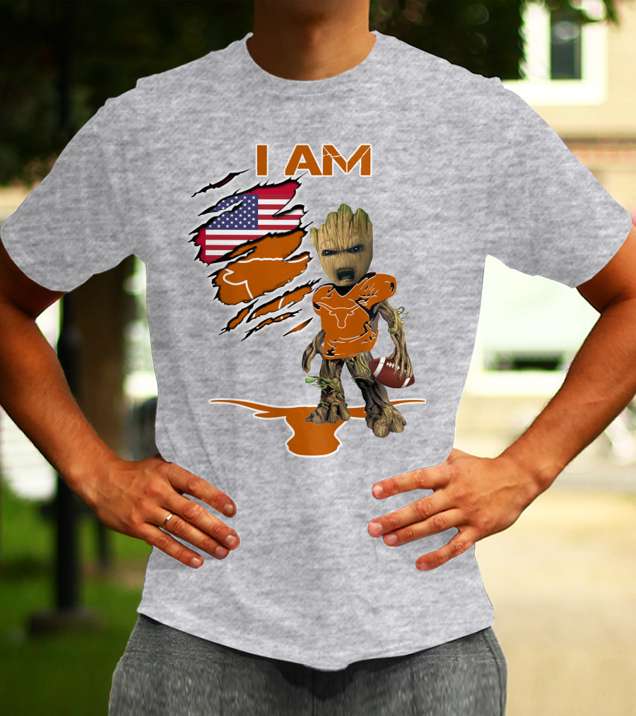 I AM Longhorn Baby Groot Football USA Flag T-Shirt