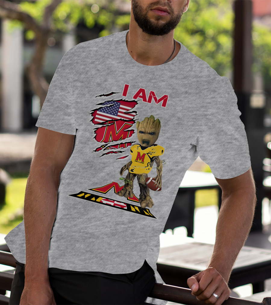 I AM Baby Groot Maryland Football American Flag M T-Shirt