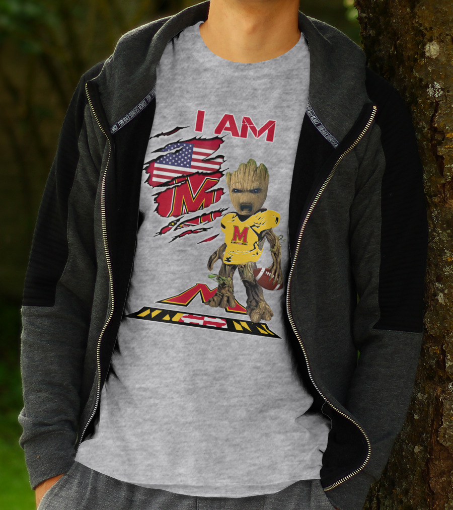 I AM Baby Groot Maryland Football American Flag M T-Shirt