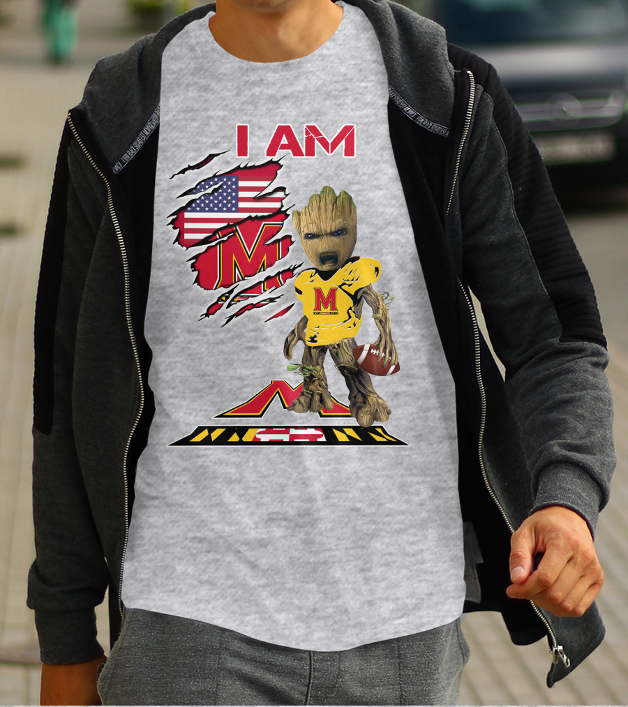 I AM Baby Groot Maryland Football American Flag M T-Shirt