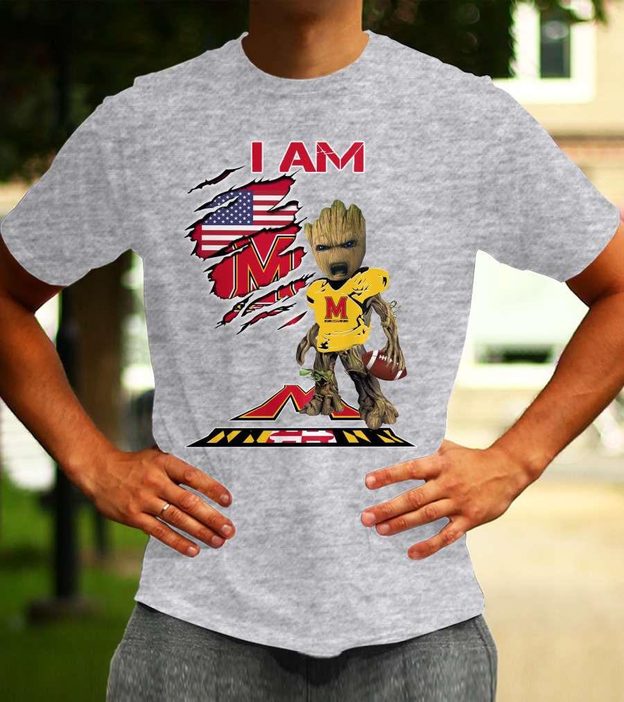 I AM Baby Groot Maryland Football American Flag M T-Shirt