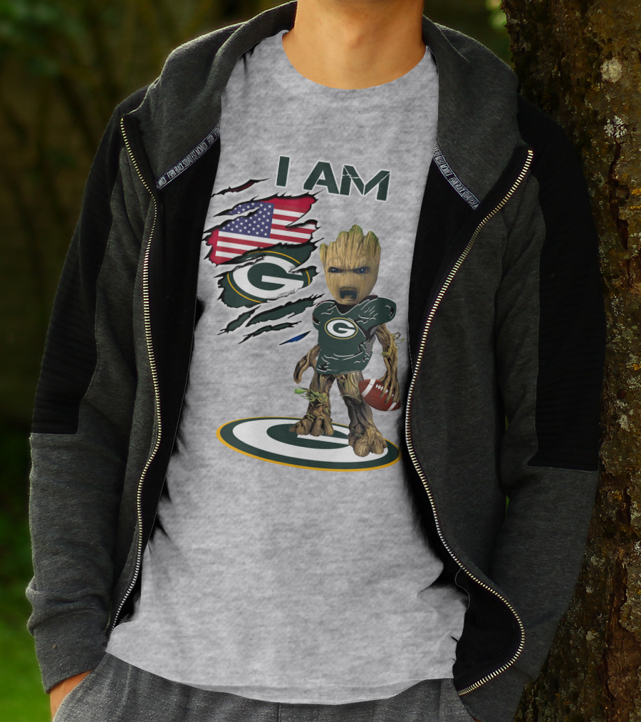 I Am Packers Baby Groot American Flag Football T-Shirt