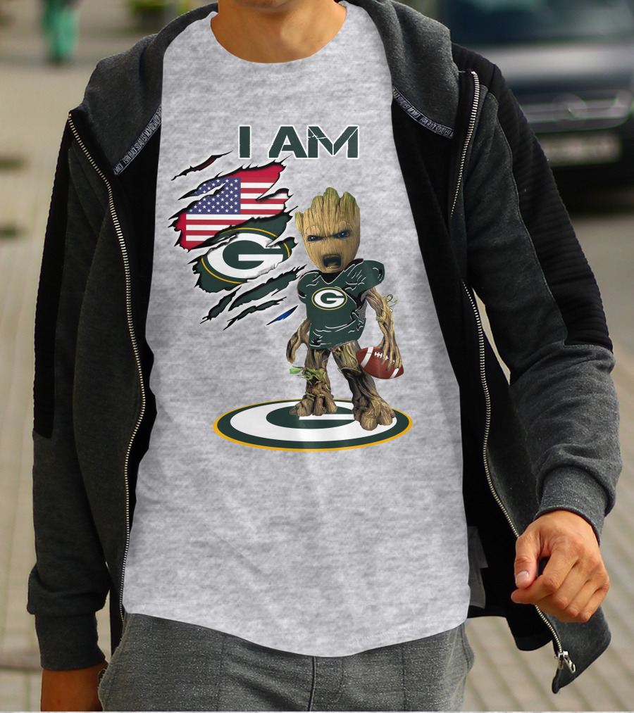I Am Packers Baby Groot American Flag Football T-Shirt