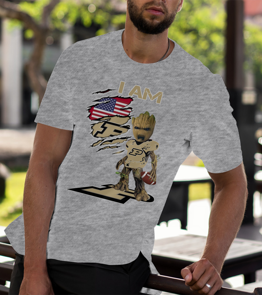 I AM Purdue Baby Groot Football American Flag P T-Shirt