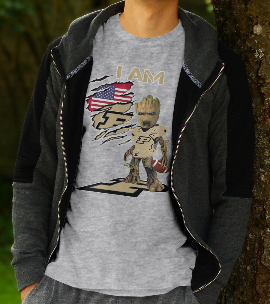 I AM Purdue Baby Groot Football American Flag P T-Shirt