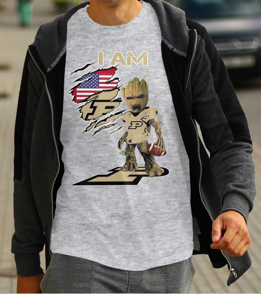 I AM Purdue Baby Groot Football American Flag P T-Shirt