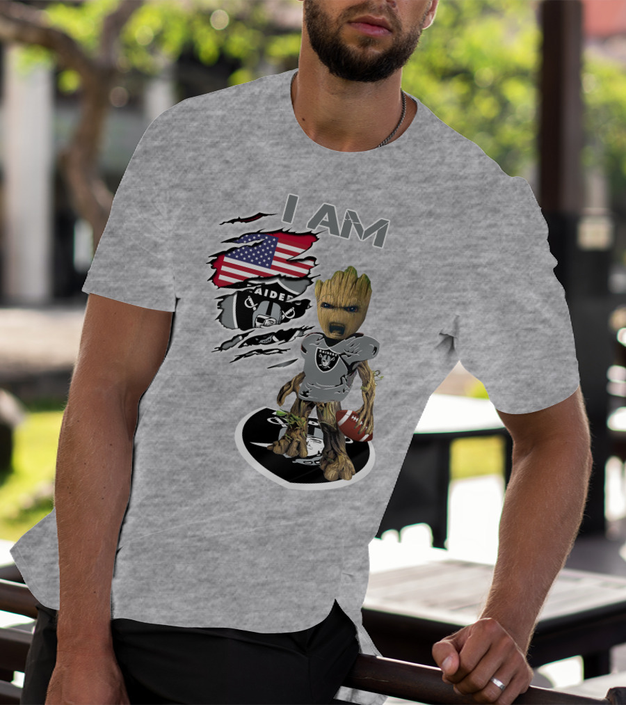 I Am Raiders Baby Groot American Flag Football T-Shirt