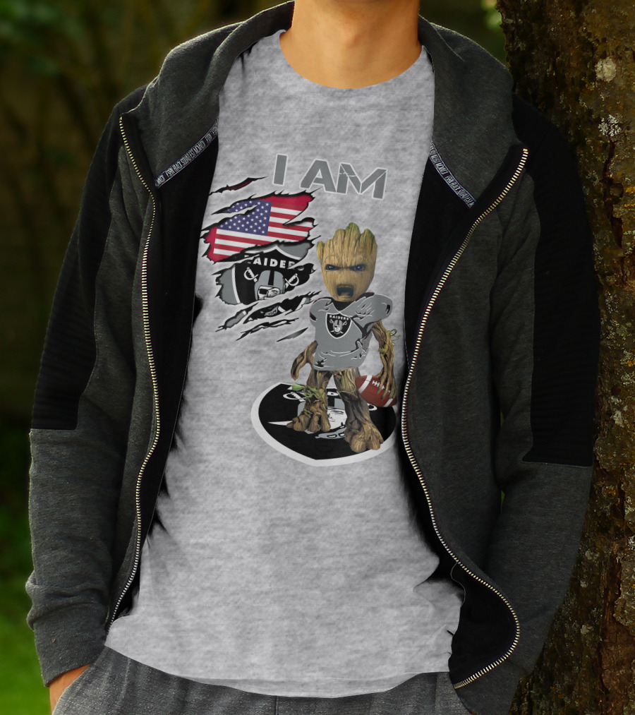 I Am Raiders Baby Groot American Flag Football T-Shirt