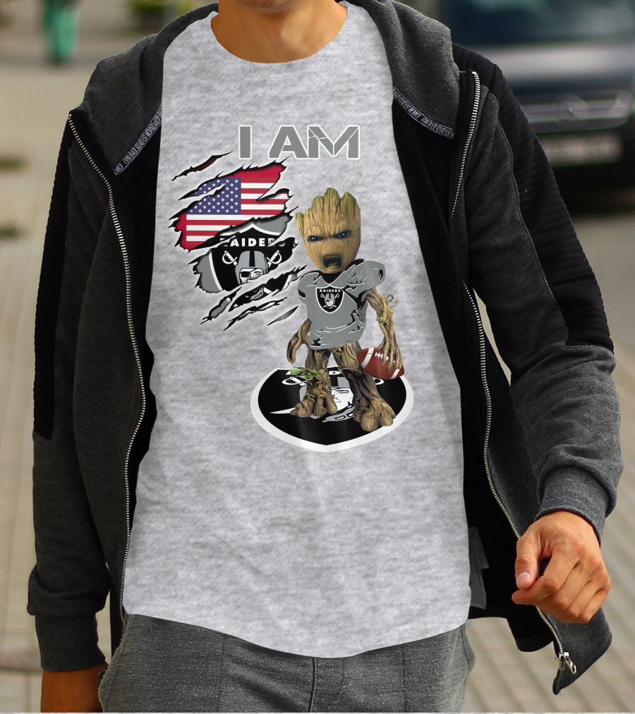 I Am Raiders Baby Groot American Flag Football T-Shirt