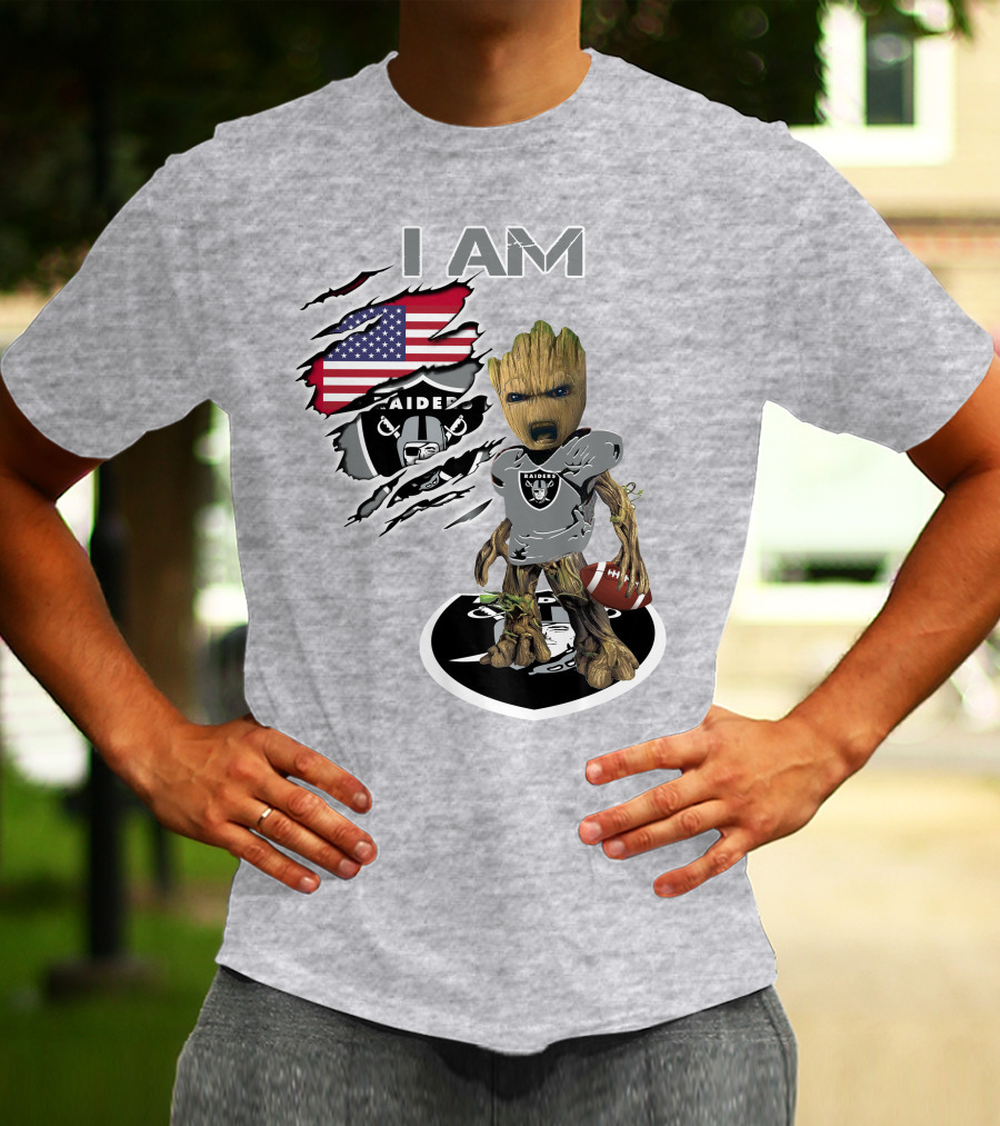 I Am Raiders Baby Groot American Flag Football T-Shirt