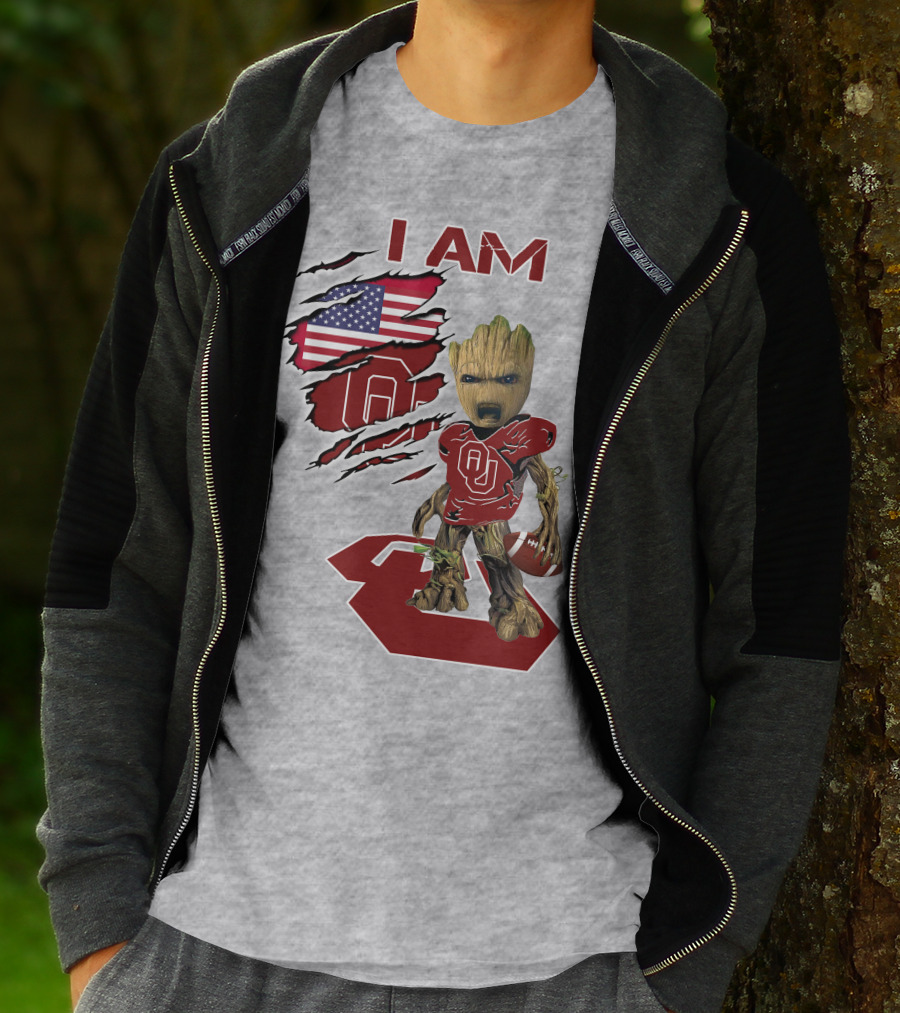 I Am Baby Groot OU Sooners Football USA Flag T-Shirt