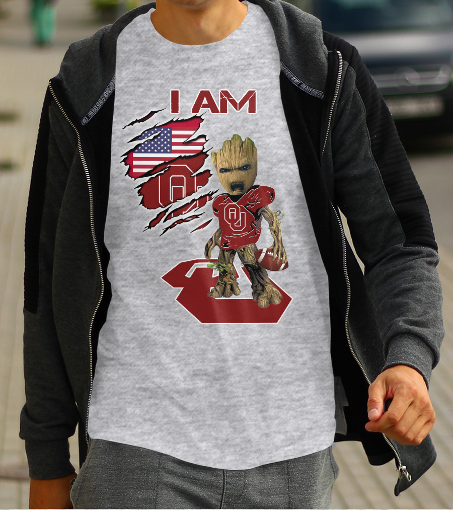 I Am Baby Groot OU Sooners Football USA Flag T-Shirt