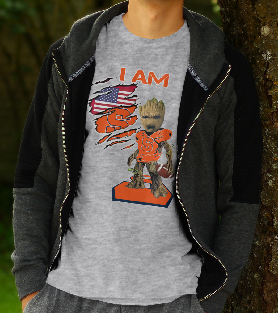 I Am Syracuse Baby Groot American Football Player With Flag And Orange S T-Shirt