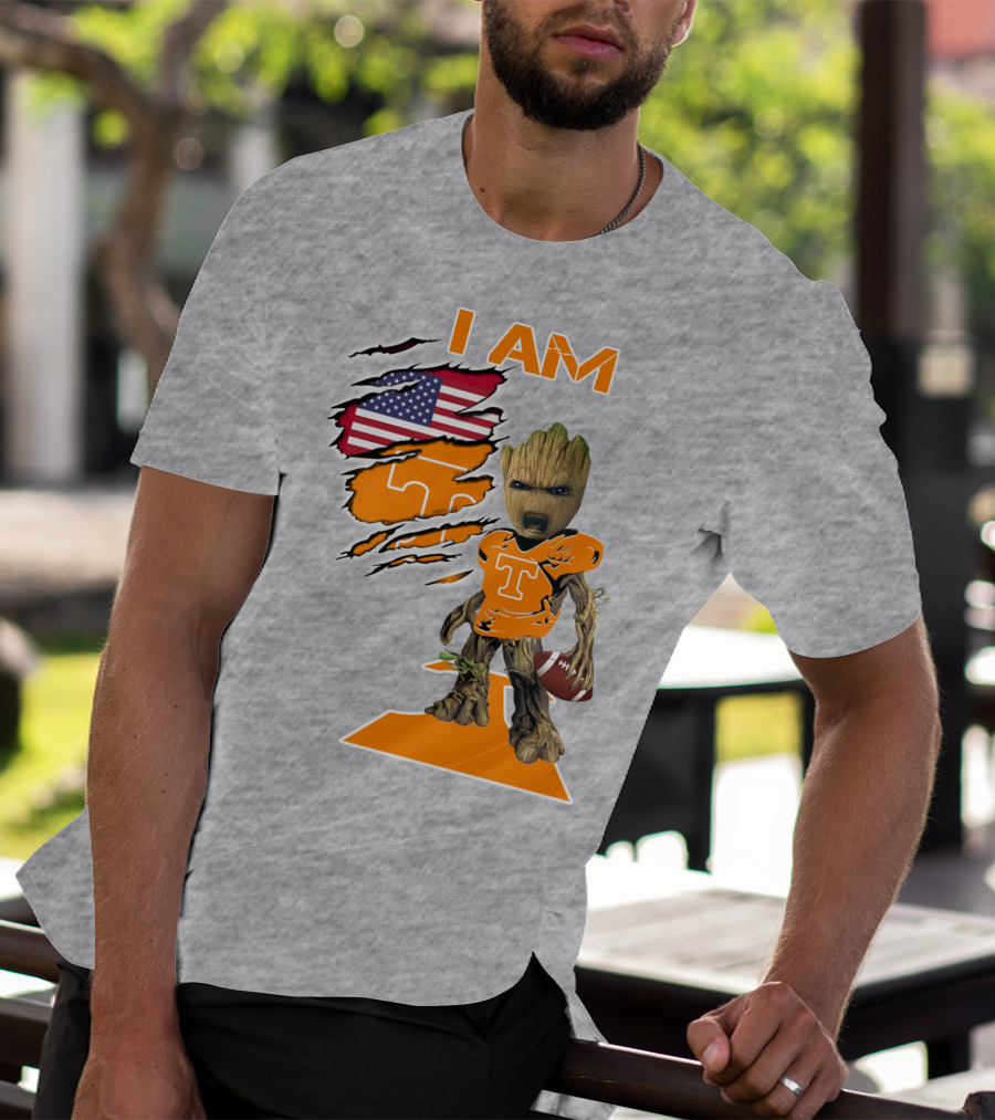 I AM Tennessee Baby Groot Football American Flag T-Shirt