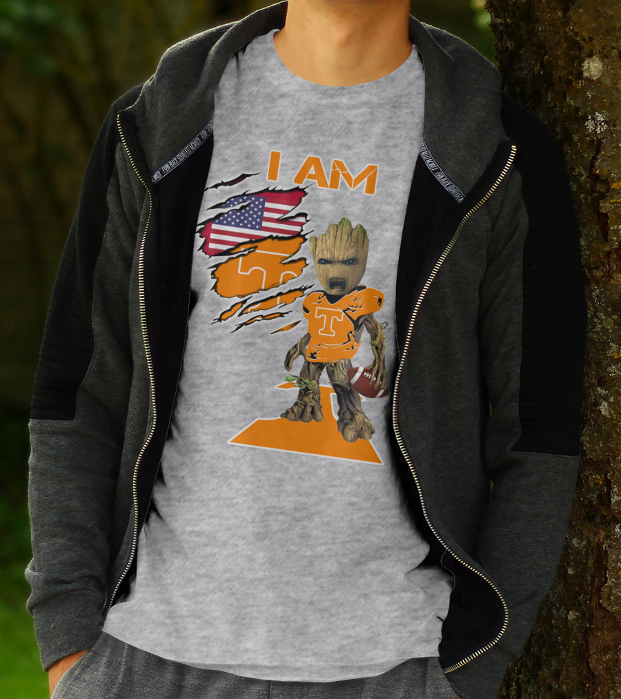 I AM Tennessee Baby Groot Football American Flag T-Shirt