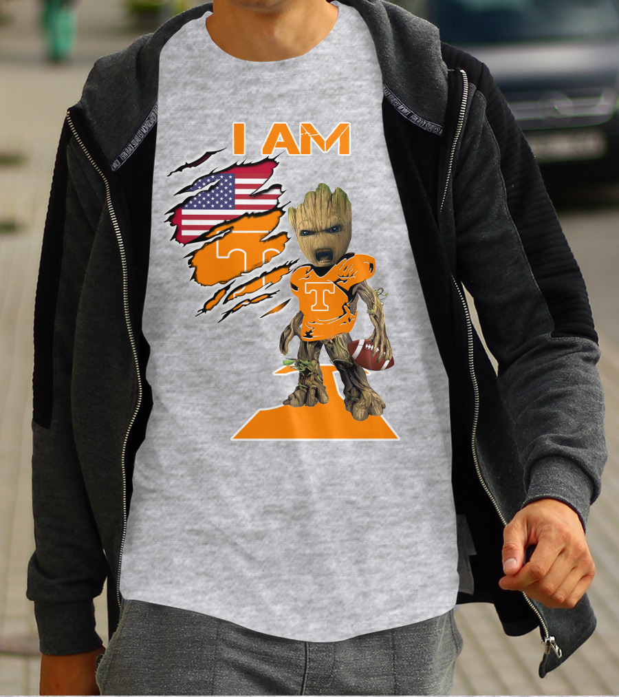 I AM Tennessee Baby Groot Football American Flag T-Shirt