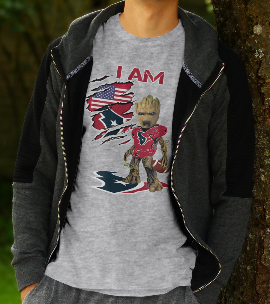 I Am Texans Baby Groot Football Usa Flag T-Shirt