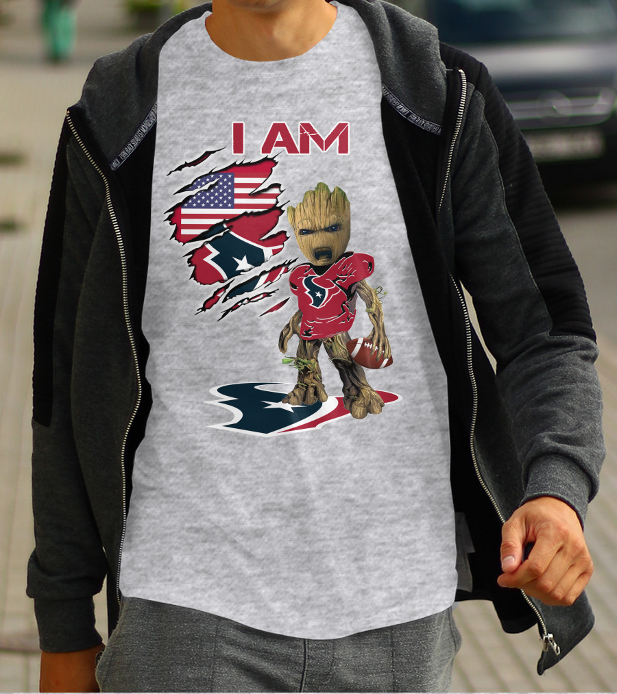 I Am Texans Baby Groot Football Usa Flag T-Shirt