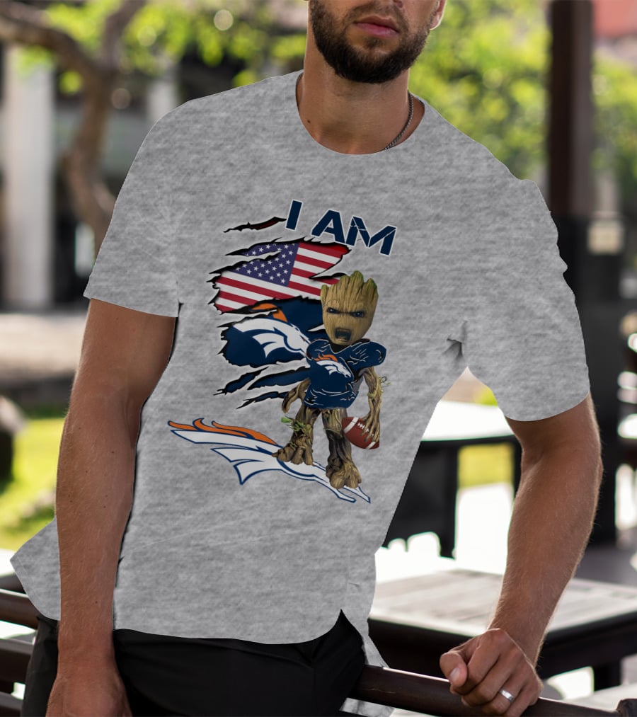 I Am Broncos Baby Groot American Flag Football T-Shirt